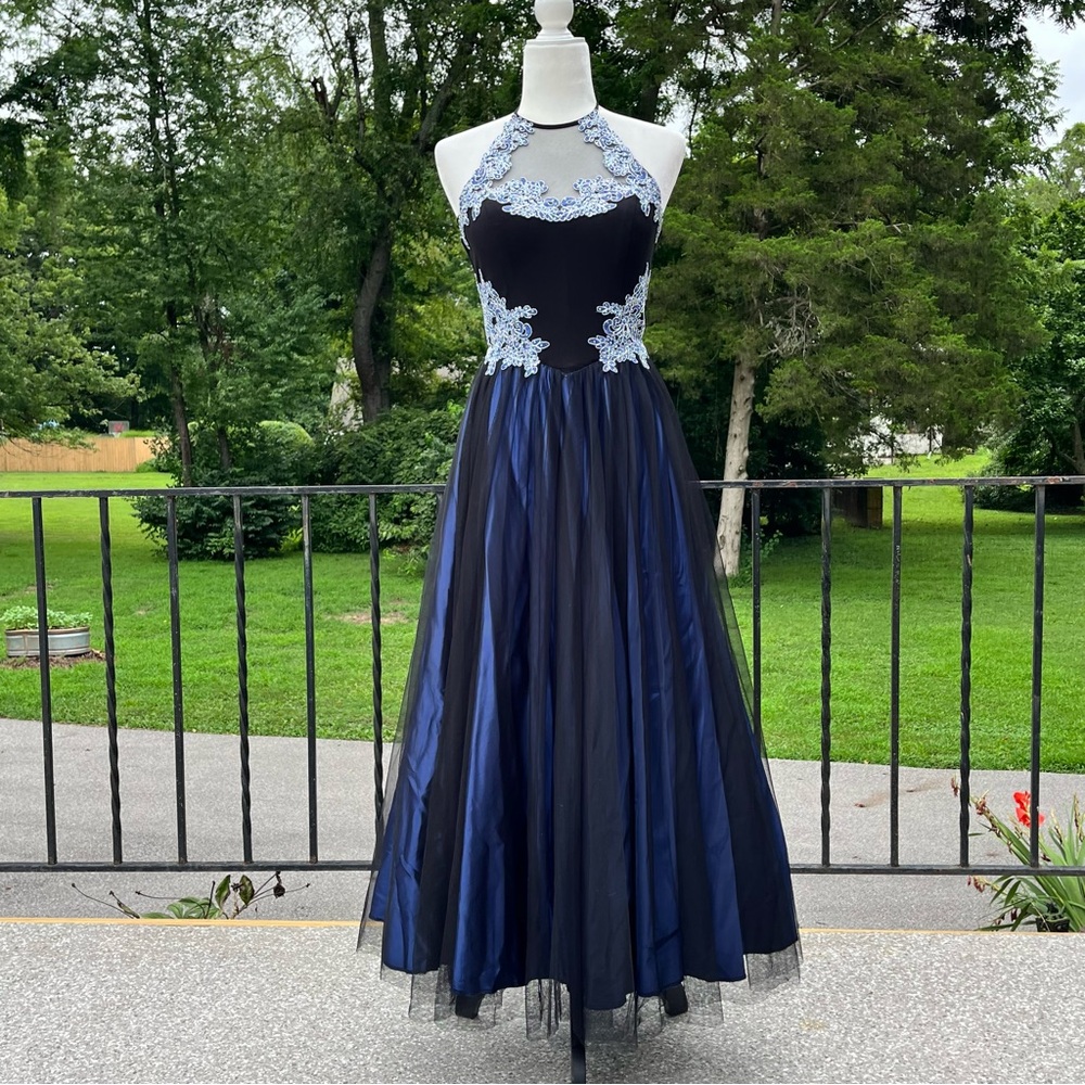 Blondie Nites Blue Black Halter Neck Princess Formal Prom Dress Size 5